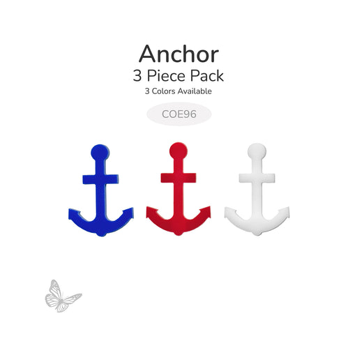 Bullseye COE90 anchor glass shapes displayed  in blue, red, and white. Sold as a 3 pack.