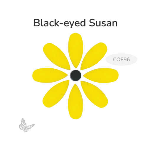Yellow flower with black center labeled 'Black-eyed Susan' on a white background