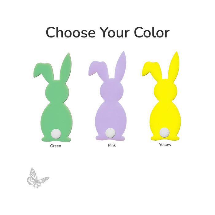 Color selection options for a precut bunny with tail, shows green, pink, and yellow bunnies