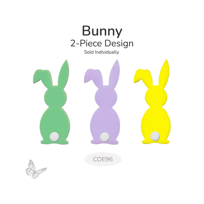 Three bunny-shaped objects in green, pink, and yellow on a white background with text indicating a 2-piece design. COE96