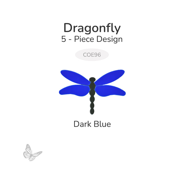 Dark blue dragonfly precut glass design made from five pieces, labeled COE96, shown on a white background.