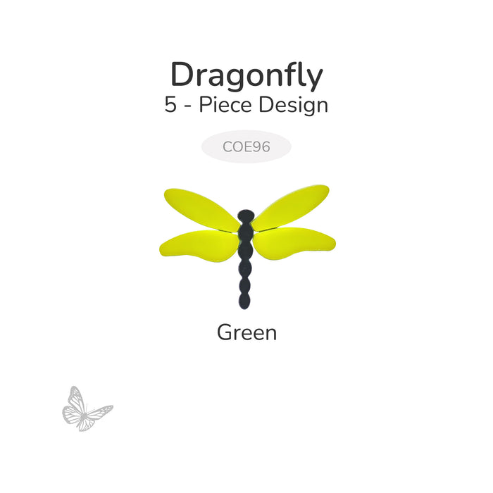 Lemongrass green dragonfly precut glass design made from five pieces, labeled COE96, shown on a white background.