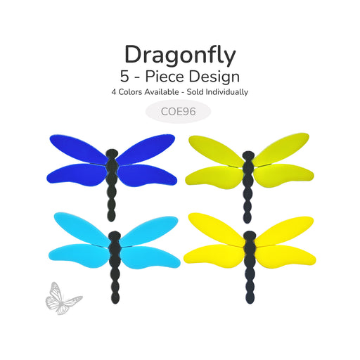 Four color options for the dragonfly precut glass design in COE96 dark blue, green, turquoise, and yellow, sold individually.