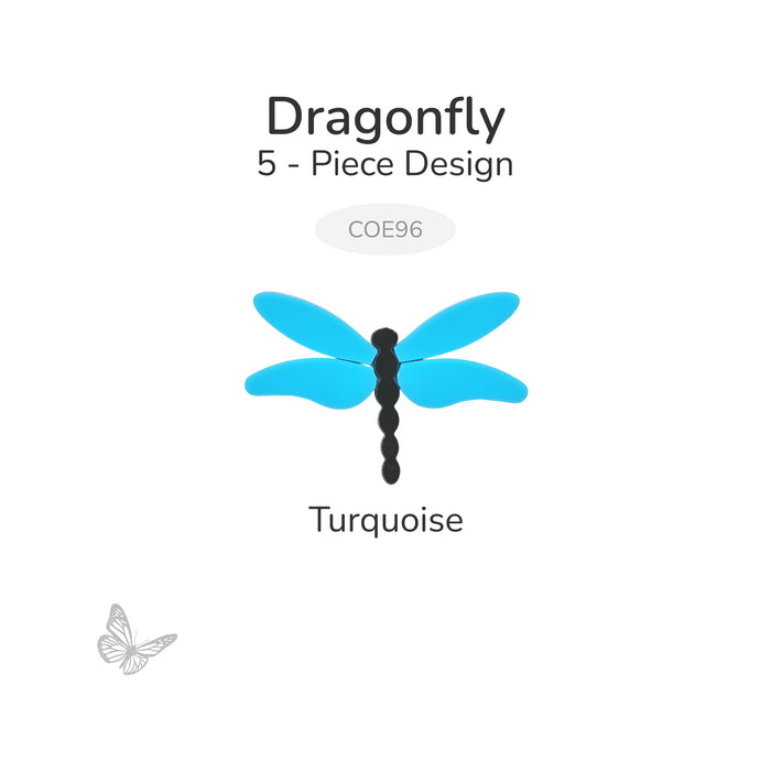 Turquoise Blue dragonfly precut glass design made from five pieces, labeled COE96, shown on a white background.
