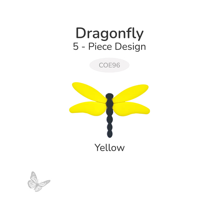 Yellow dragonfly precut glass design made from five pieces, labeled COE96, shown on a white background.