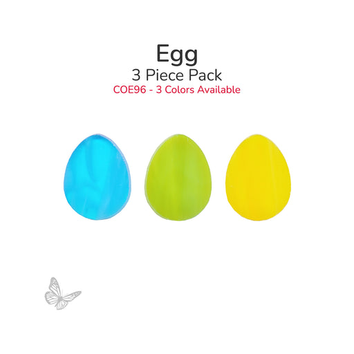 Egg glass shapes 3-piece pack in blue, green, and yellow labeled COE96
