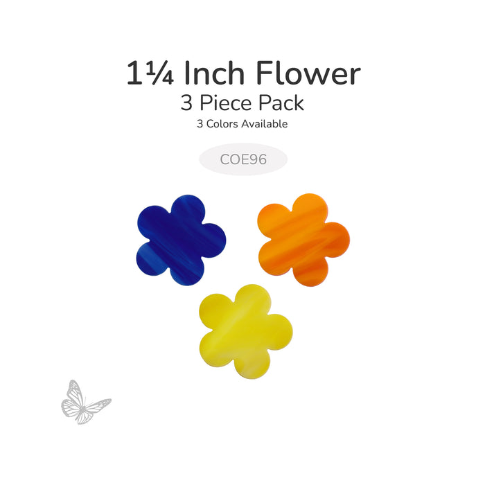1¼ inch precut glass flower shapes in blue, orange, and yellow glass, 3 piece pack, COE96.