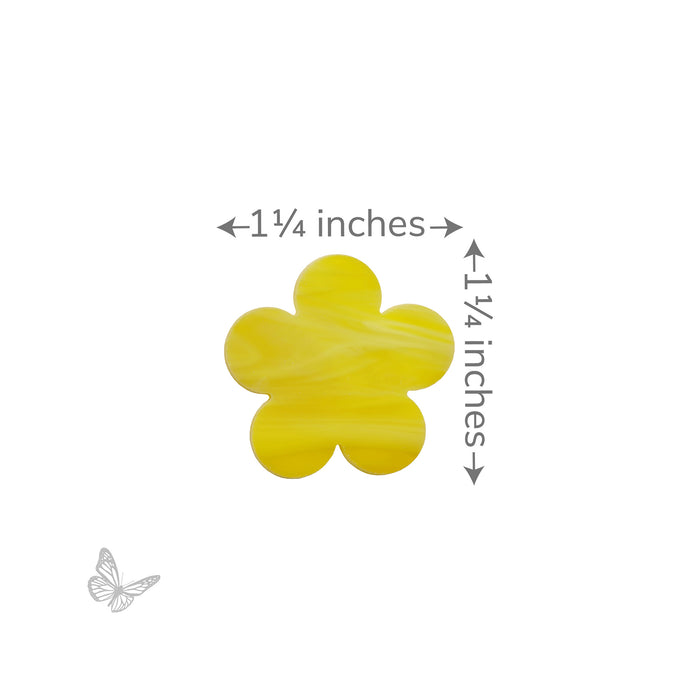Yellow precut glass flower shape measuring 1¼ inches wide and tall.