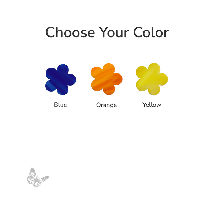 Color selection options with blue, orange, and yellow precut glass flowers on a white background.