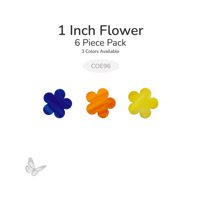 1 inch precut glass flower shapes in blue, orange, and yellow glass, 6 piece pack, COE96