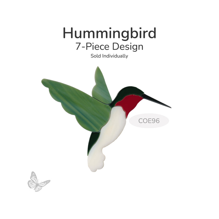 7-piece glass hummingbird design with COE96 stamp on a white background