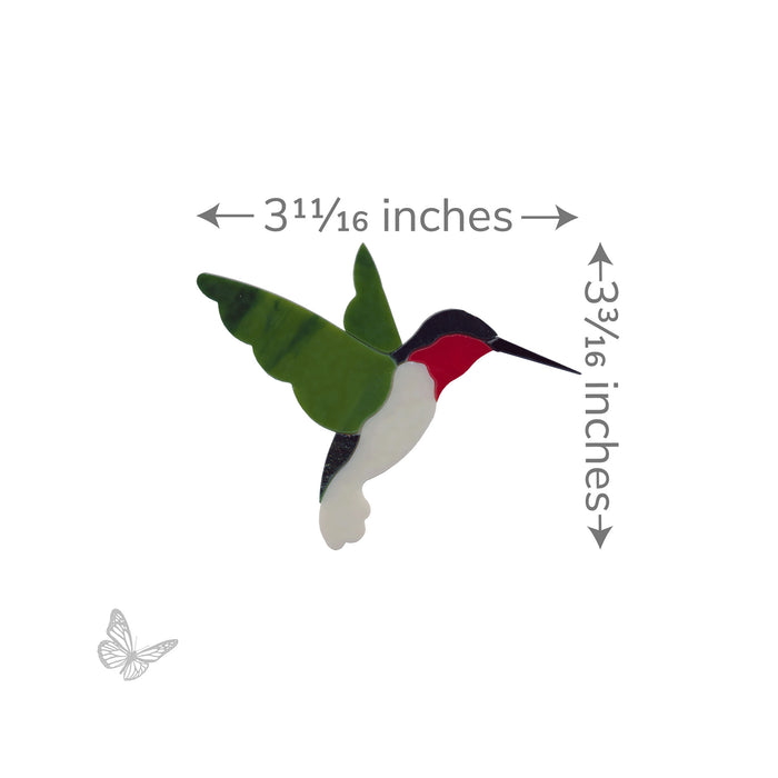 Illustration of a hummingbird with measurements of 3 11/16 inches by 3 3/16 inches on a white background 