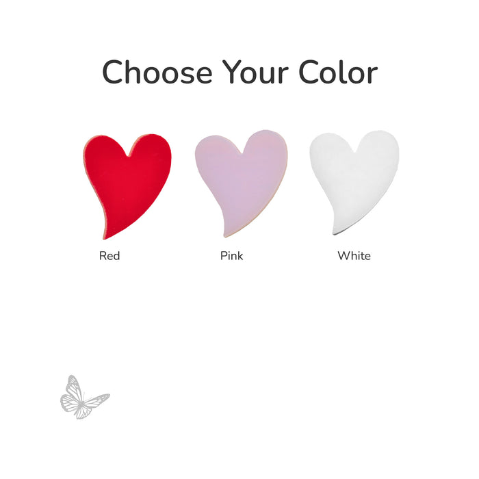 Choose Your Color COE 96 fusible precut Leaning Heart glass shapes shown in red, pink, and white.