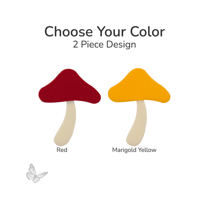 Color options for mushroom glass shapes, red cap and marigold yellow cap with ivory stem