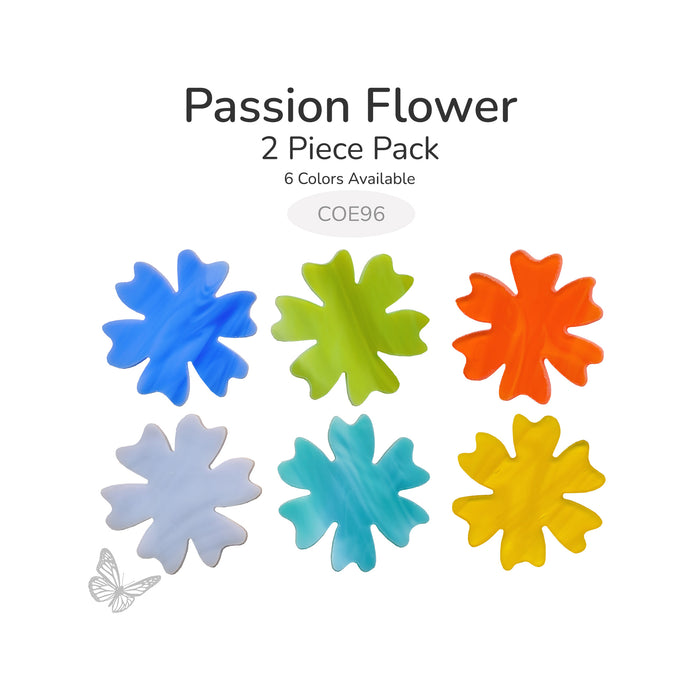 Passion flower precut fusible glass shapes in six colors: blue, green, orange, lavender, turquoise, and yellow, COE96.
