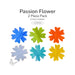 Passion flower precut fusible glass shapes in six colors: blue, green, orange, lavender, turquoise, and yellow, COE96.