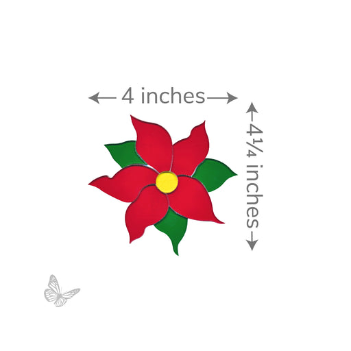 Precut poinsettia glass design measuring approximately 4 inches wide by 4.25 inches tall.