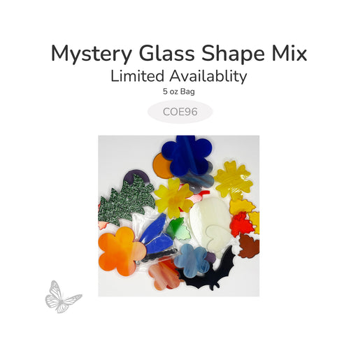 5 oz mystery assortment of precut glass shapes for fusing and mosaic art. Each bag contains a unique mix of colors and designs. COE96