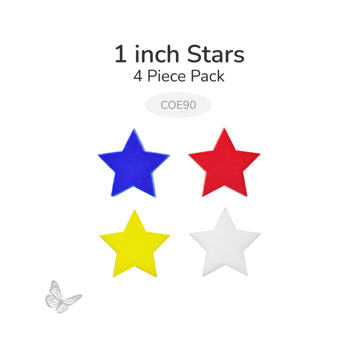 Four 1 inch opaque glass star shapes in assorted colors labeled COE90