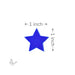 Single opaque blue glass star with measurement arrows showing 1 inch width and height