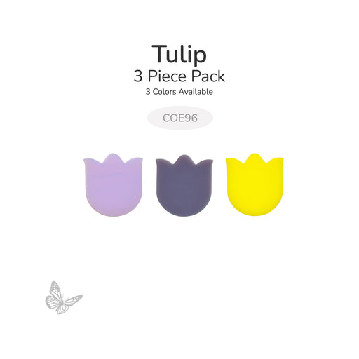 Three precut mini tulip glass shapes in pink, purple, and yellow on a white background labeled 3 piece pack COE96