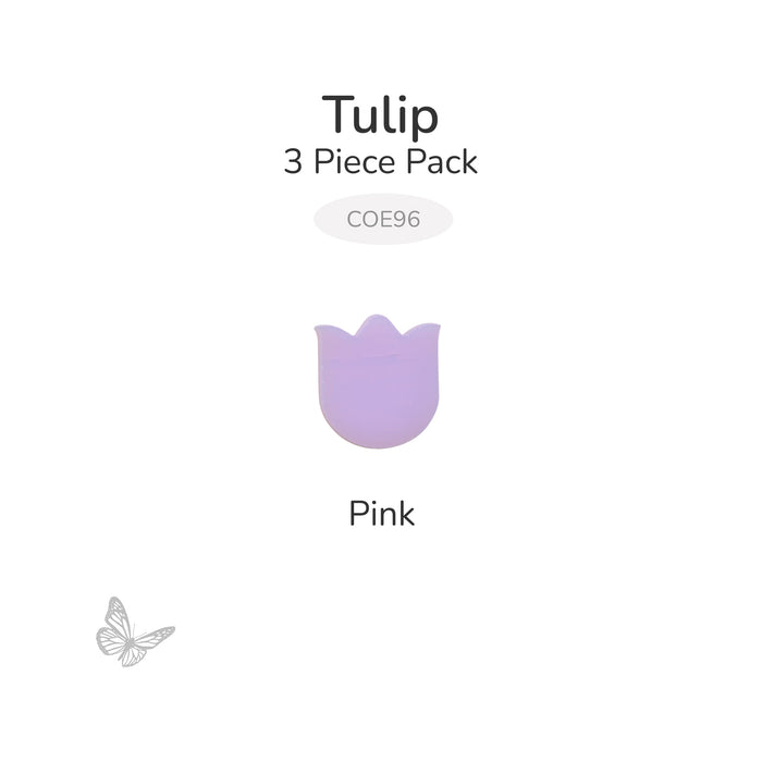 Single pink mini tulip precut glass shape on white background labeled COE96