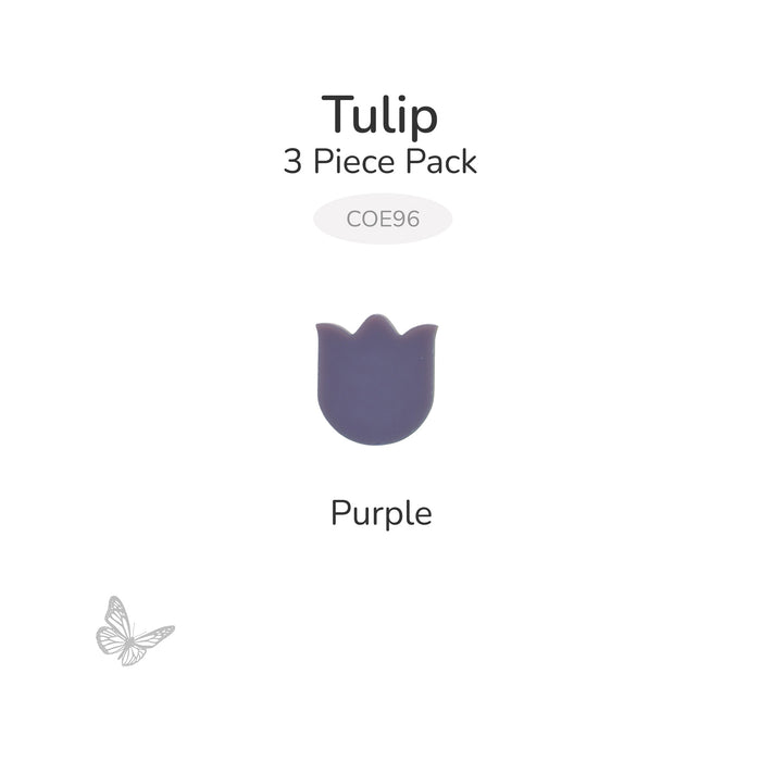 Single purple mini tulip precut glass shape on white background labeled COE96