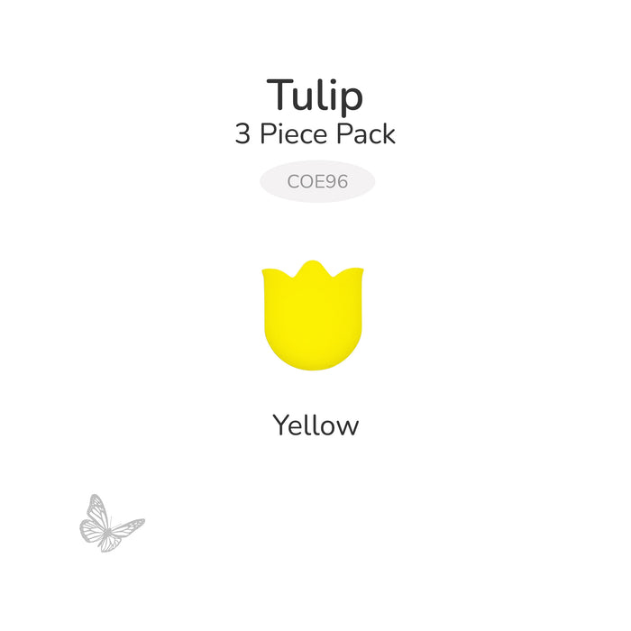Single yellow mini tulip precut glass shape on white background labeled COE96