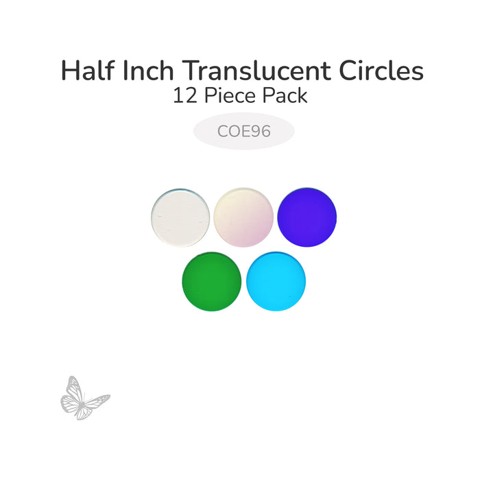 Assorted translucent circle glass shapes including clear, iridized, blue, green, and blue topaz, 1/2 inch diameter COE96.