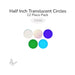 Assorted translucent circle glass shapes including clear, iridized, blue, green, and blue topaz, 1/2 inch diameter COE96.