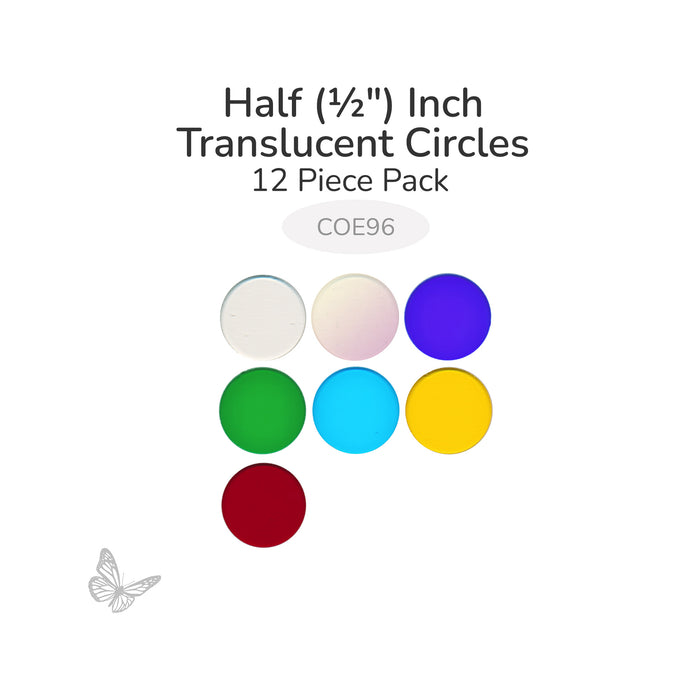 Assorted translucent circle glass shapes including clear, iridized, blue, green, blue topaz, red, and yellow 1/2 inch diameter COE96.