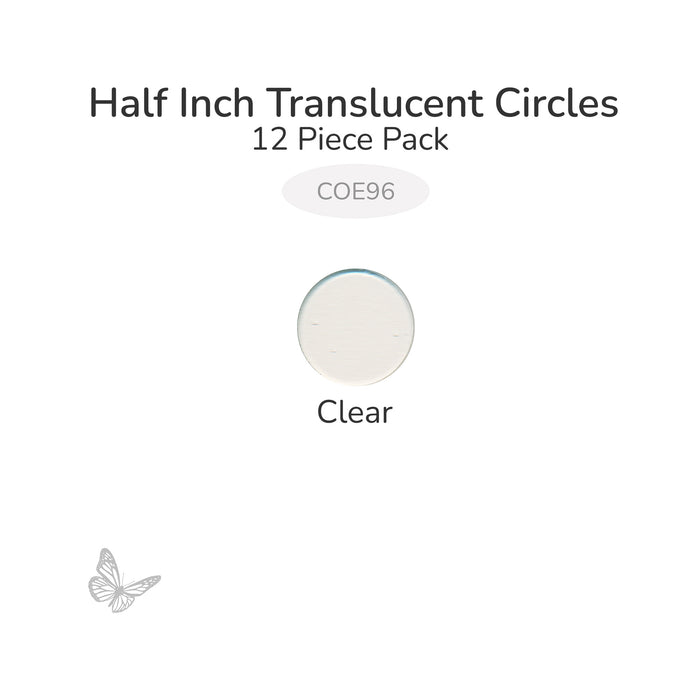 Precut translucent clear circle glass shape, 1/2 inch diameter, COE96 fusible glass for fusing and mosaic projects.
