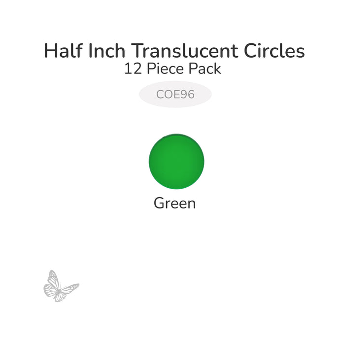 Precut translucent green circle glass shape, 1/2 inch diameter, COE96 fusible glass for glass fusing and mosaic art.
