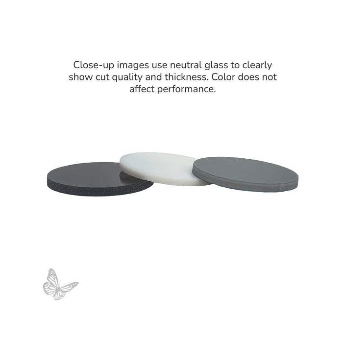 Close-up of precut glass showing waterjet-cut edges and 3mm thickness before fusing. Neutral glass is used to show cut quality.