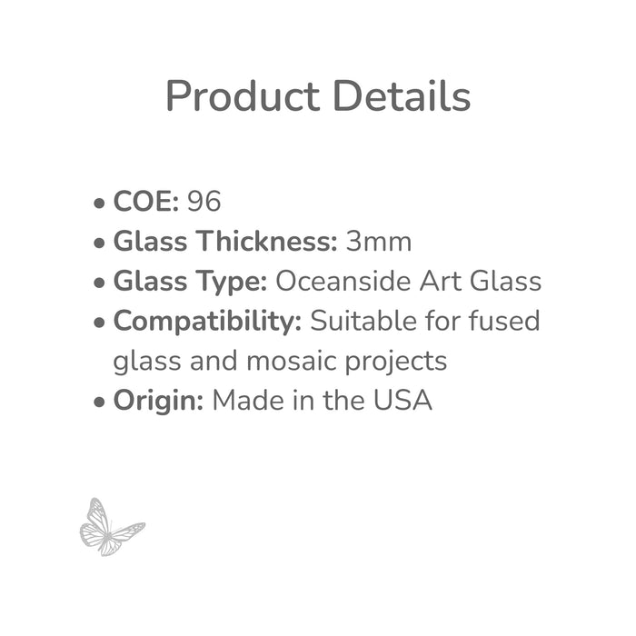 Product details graphic listing COE 96, 3mm glass thickness, Oceanside art glass, suitability for fused and mosaic projects, and made in the USA.