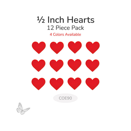 Red hearts arranged in a grid with text indicating '1/2 Inch Hearts 12 Piece Pack' on a white background.