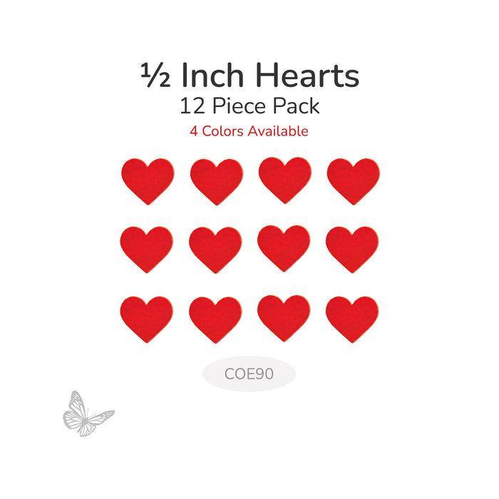Red hearts arranged in a grid with text indicating '1/2 Inch Hearts 12 Piece Pack' on a white background.