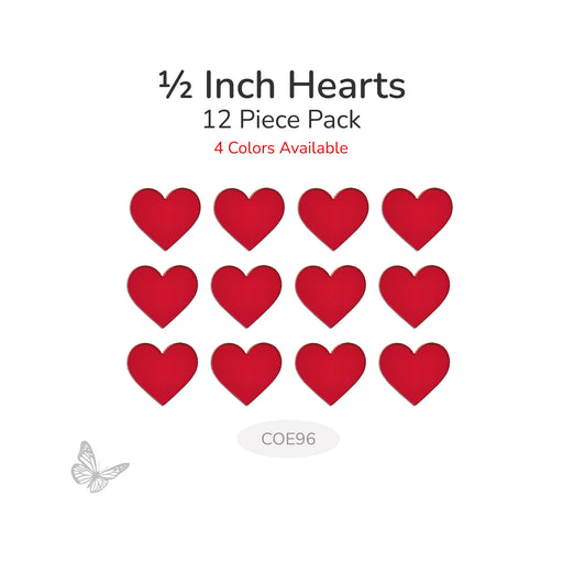 Packaging of red heart shapes with text indicating size, quantity, and color availability on a white background.