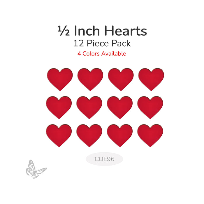 Packaging of red heart shapes with text indicating size, quantity, and color availability on a white background.