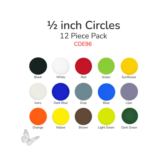COE96 1/2 inch opaque circles shown in 15 colors. Sold in 12 piece packs.