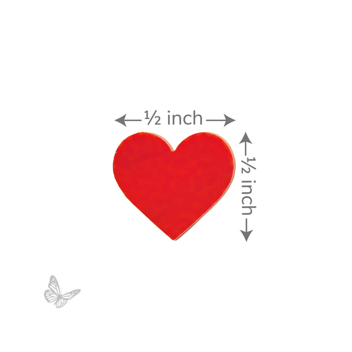 Red heart shape with measurements of 1/2 inch by 1/2 inch on a white background