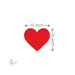 Red heart shape with measurements of 1/2 inch by 1/2 inch on a white background