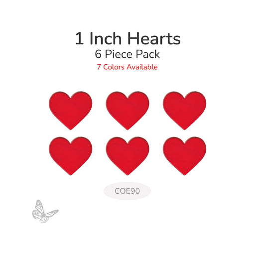 Red hearts with text indicating 1 inch size, 6 piece pack, and 7 colors available on a white background.