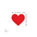 Red heart shape with measurements 1 inch by 7/8 inch on a white background