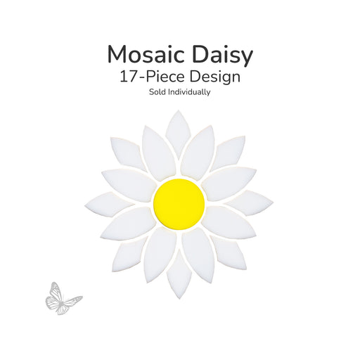 Precut mosaic daisy design made from 17 white petal glass pieces and one yellow center piece arranged into a sunflower pattern on a light background.