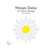 Precut mosaic daisy design made from 17 white petal glass pieces and one yellow center piece arranged into a sunflower pattern on a light background.