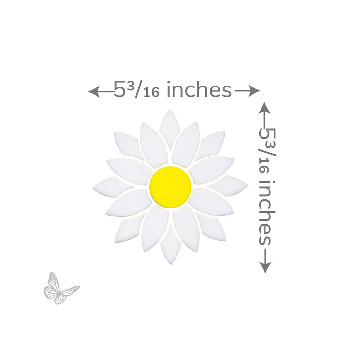 Detailed view of the mosaic daisy precut glass design with dimensions labeled at 5 3/16 inches by 5 3/16 inches.