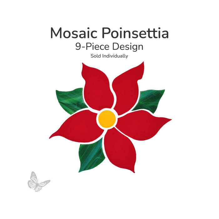 Precut Glass mosaic Poinsettia design with red flowers and green leaves on a white background
