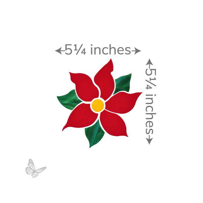 Precut mosaic poinsettia with green leaves and a yellow center, measurement text '5 1/4 inches' on a white background.