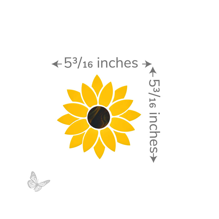 Detailed view of the mosaic sunflower precut glass design with dimensions labeled at 5 3/16 inches by 5 3/16 inches.
